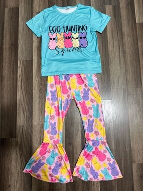 Egg Hunting Squad Pastel Bunny Set - Aqua Top & Multi Bell Bottoms